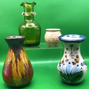 Small Bud Vase Lot of 4 Floral Mexican Pottery Ruffled Green Glass Drip Glaze